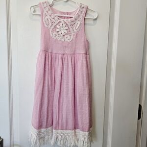 Good Lad Girls 5Y Pink & White Lined Dress Battenburg Neck And Fringe Hem